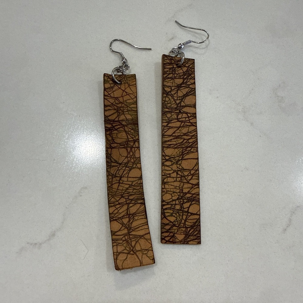 Leather Wood Look Dangle Earrings 3 Inch Boho Statement